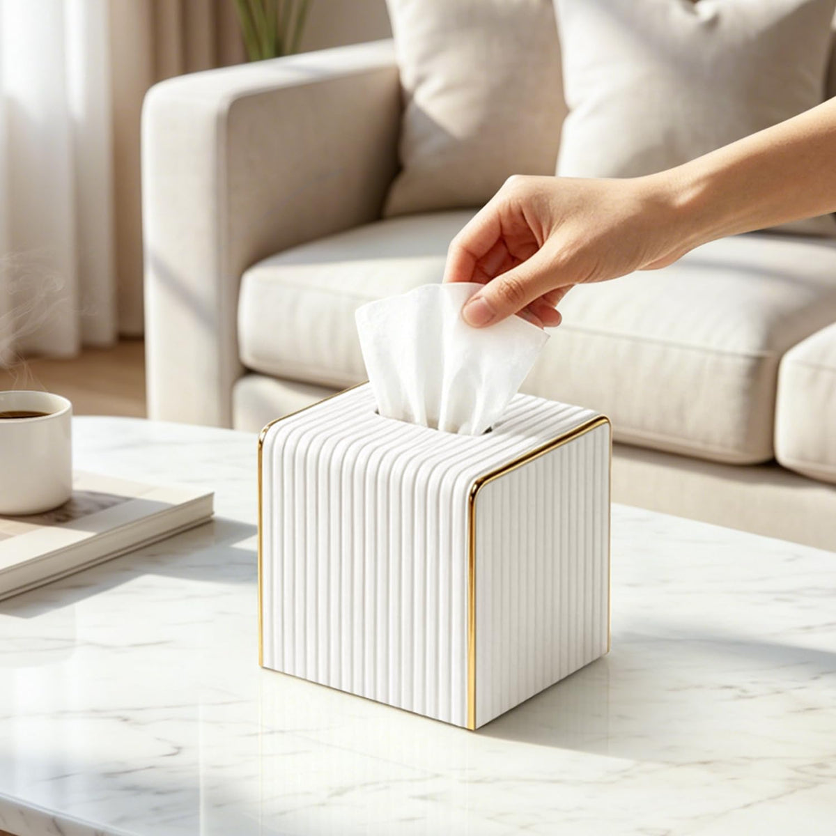White Tissue Box Cover Square,Cube Tissues Holder with Gold Edging
