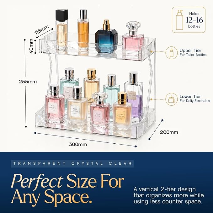 Perfume Organizer for Vanity, Premium Clear Acrylic Makeup Organizer Countertop with Non-Slip Trays, Easy 30-Second Assembly, organizador de maquillaje (Crystal Clear)