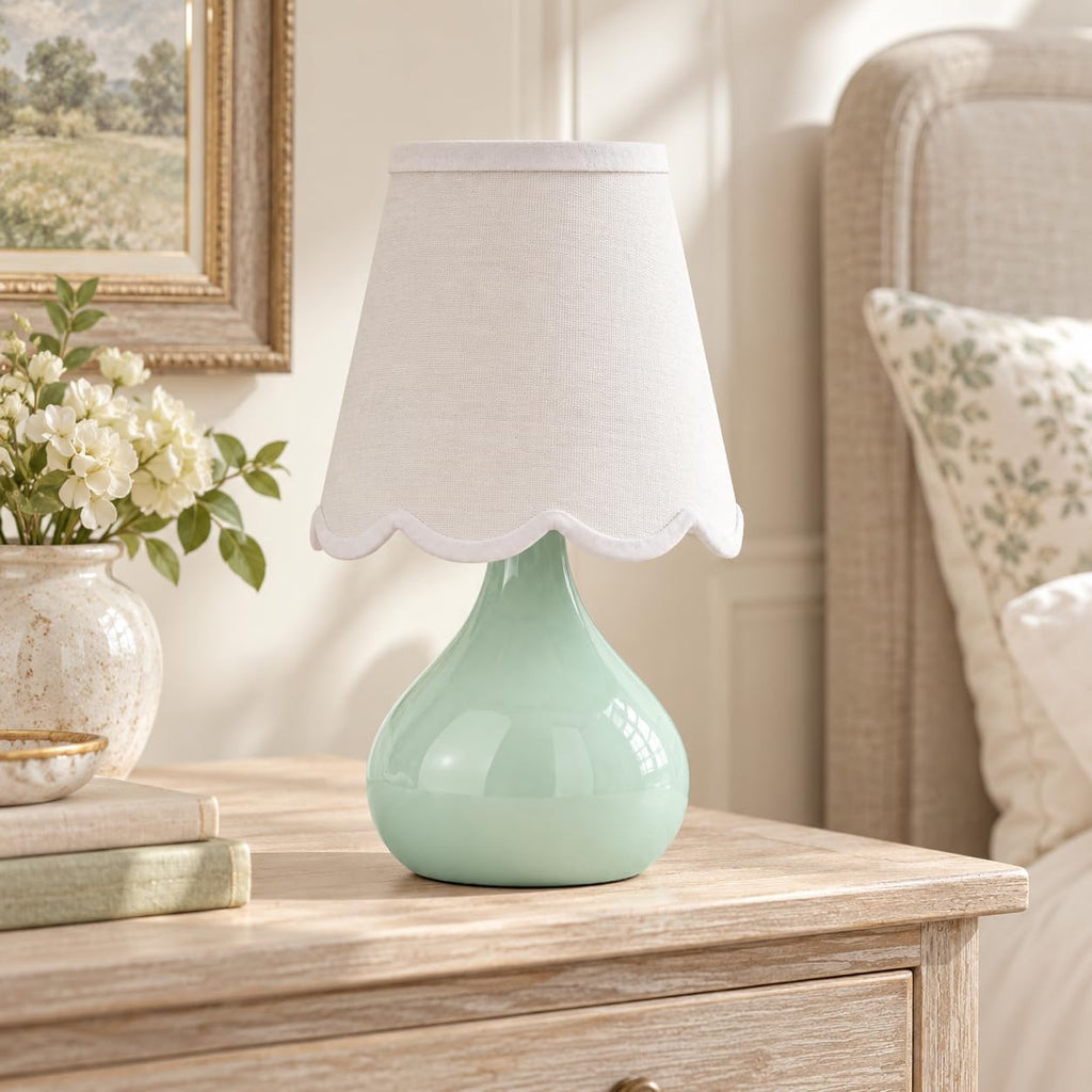 14 Inch Cordless Ceramic Table Lamp with Scalloped Shade, Celadon Green