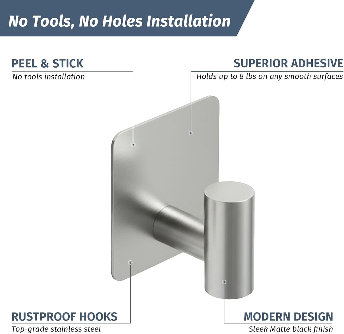 Rise age Adhesive Hooks, Adhesive Towel Hooks for Shower Wall Silver 4 Pcs