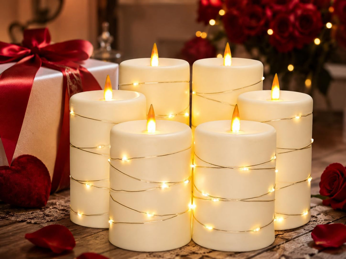 Upinmz 6 Pack Flameless LED Pillar Candles, Battery Operated Flickering Plastic Candles with Remote & Timer, Set for Home, Wedding & Holiday Ambience, Ivory White