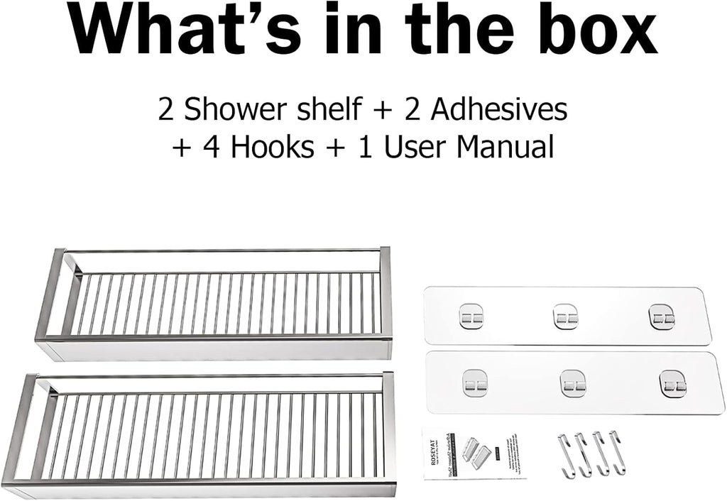 Bathroom Adhesive Shower Caddy Basket Shelf with Hooks, No Drilling Removable Bathroom Shelf Organizer,Stainless Steel Rustproof Shower Rack for Shampoo Storage, Sponge Holder-Silver