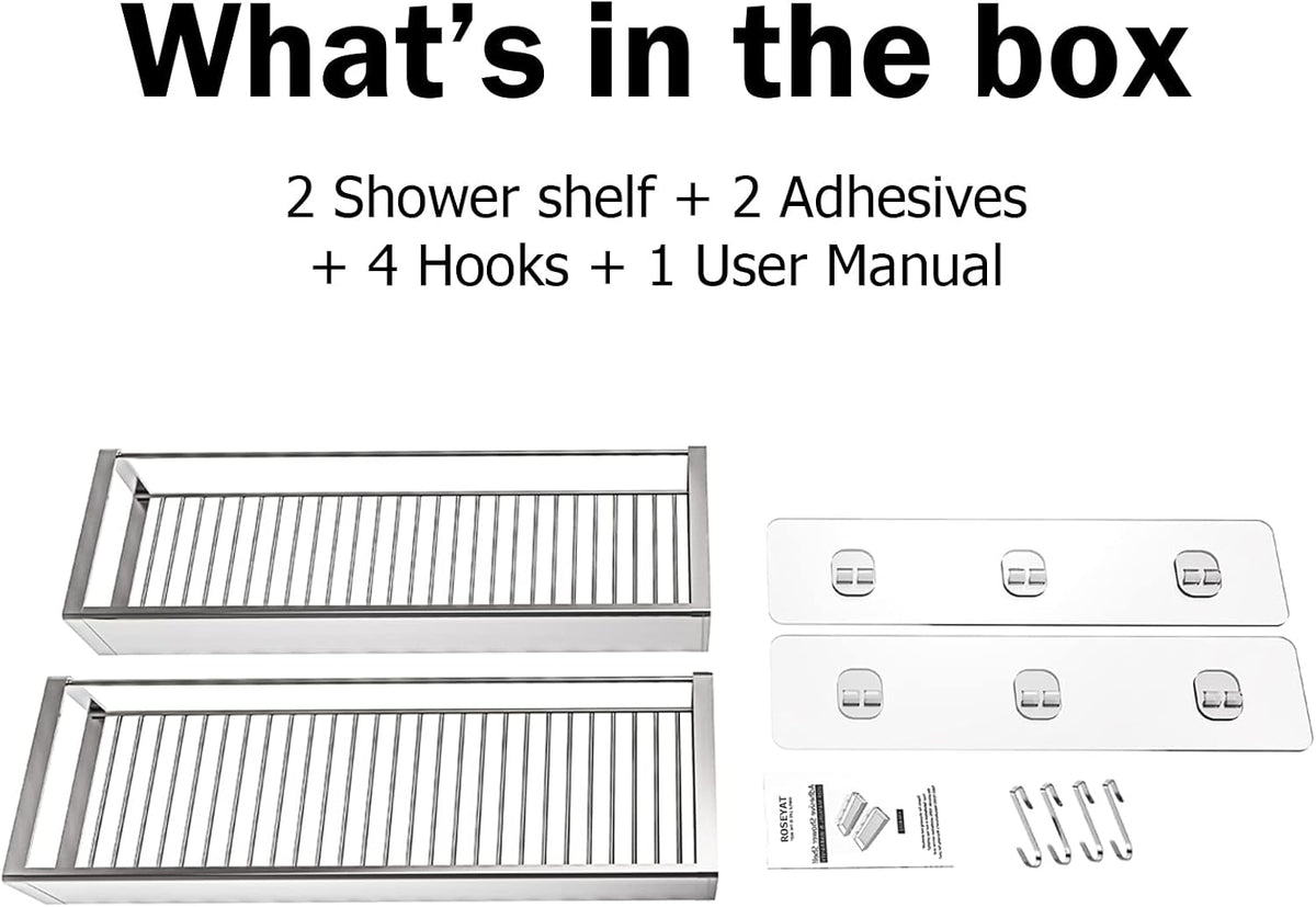 Bathroom Adhesive Shower Caddy Basket Shelf with Hooks, No Drilling Removable Bathroom Shelf Organizer,Stainless Steel Rustproof Shower Rack for Shampoo Storage, Sponge Holder-Silver