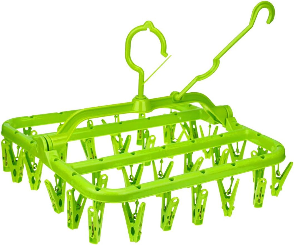 Clothespin Rack Foldable Laundry Drying Hanger,Laundry Hangers with 32 Clips,Clip Hanger Drip Hanger for Drying Underwear,Baby Clothes,Socks,Bras,Towel,Pants,Hat,Scarf,Cloth Diapers,Gloves (Green)