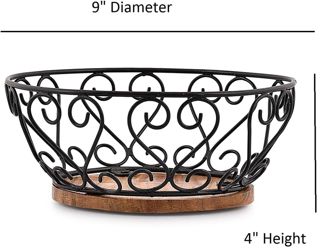 EDHAS Iron Fruit Bowl With Wooden Base for Kitchen Countertop & Dining Room and Pantries (9" x 9" x 4")