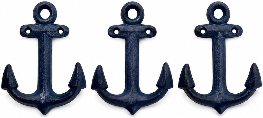 Wowser Nautical Cast Iron Ship Anchor Wall Hooks, 6 Inches, Set of 3 (Blue)