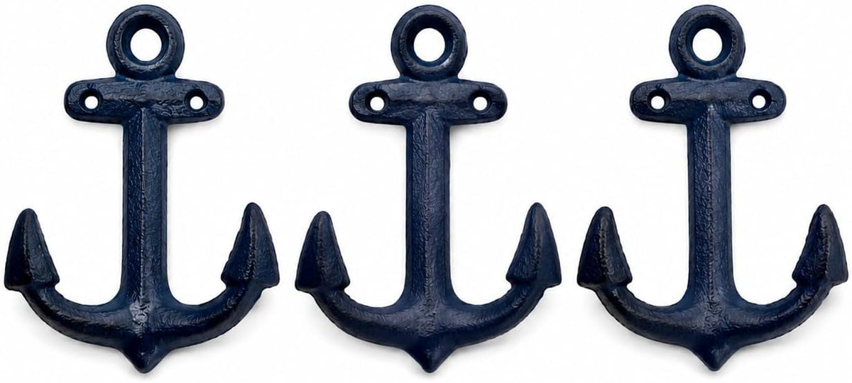 Wowser Nautical Cast Iron Ship Anchor Wall Hooks, 6 Inches, Set of 3 (Blue)