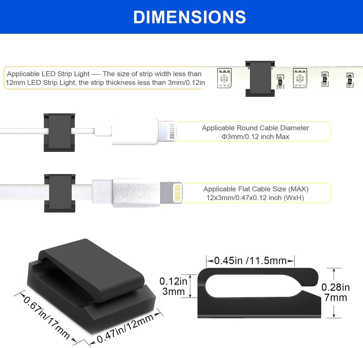 Strip Light Mounting Clips, Self-Adhesive Mounting Bracket Clip, Strip Light Clips,Cable Holder Wire Organizer Cord Hook Accessories(Black 100pcs)