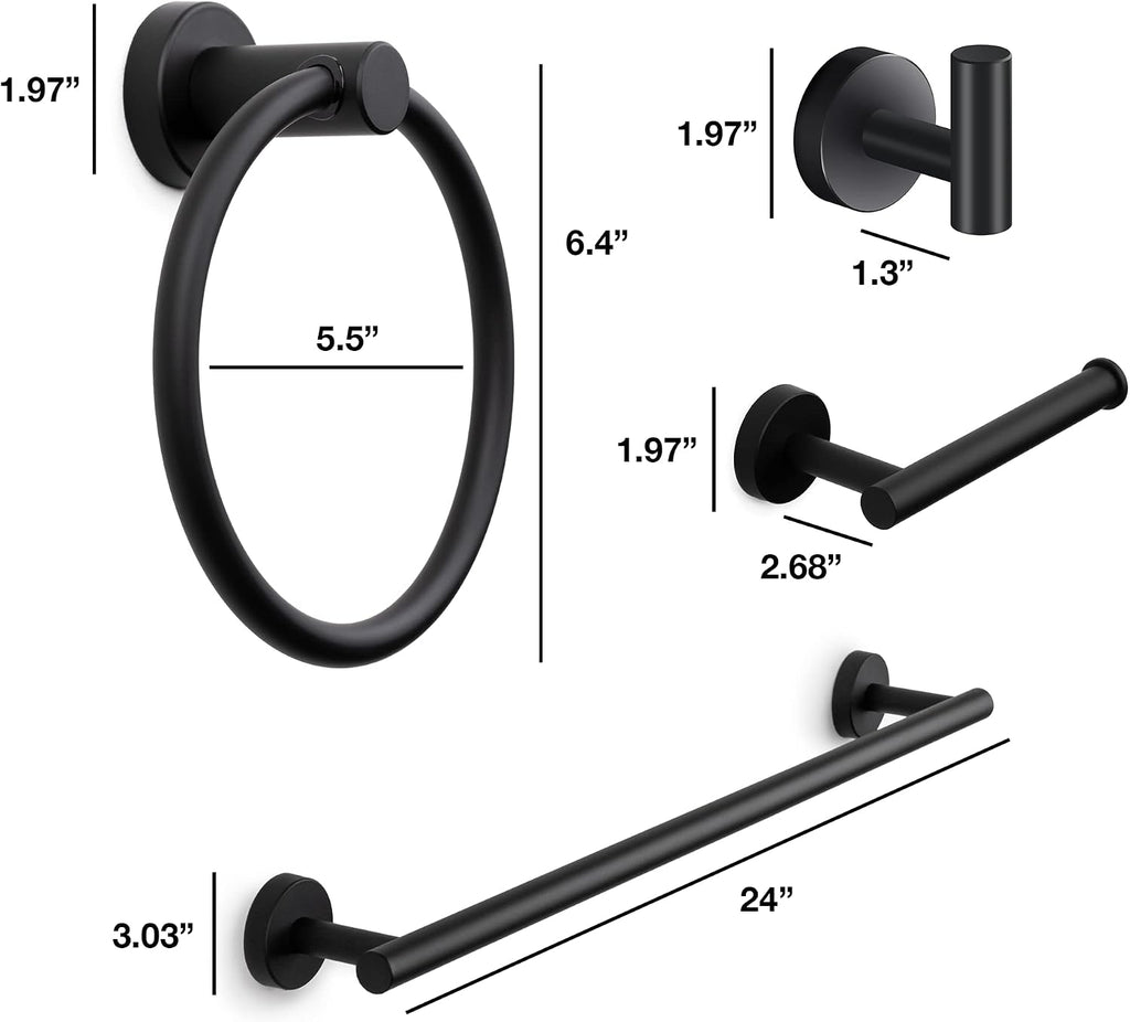 Marmolux Acc - 4 Piece Matte Black Bathroom Hardware Set - Towel Rack Set, Towel Holder & Wall Mounted Fixtures - Stainless Steel Matte Black Accessories