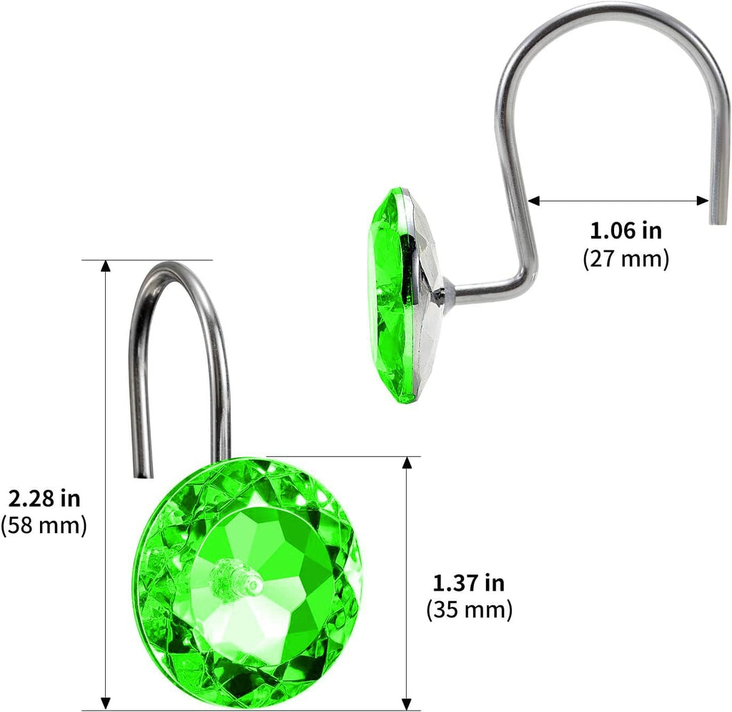 CHICTIE Green Shower Curtain Hooks Rings Diamond, Crystal Decorative Shower Curtain Hooks, Set of 12 Stainless Steel Rust-Proof Round Rhinestones Shower Rings Hangers for Bathroom