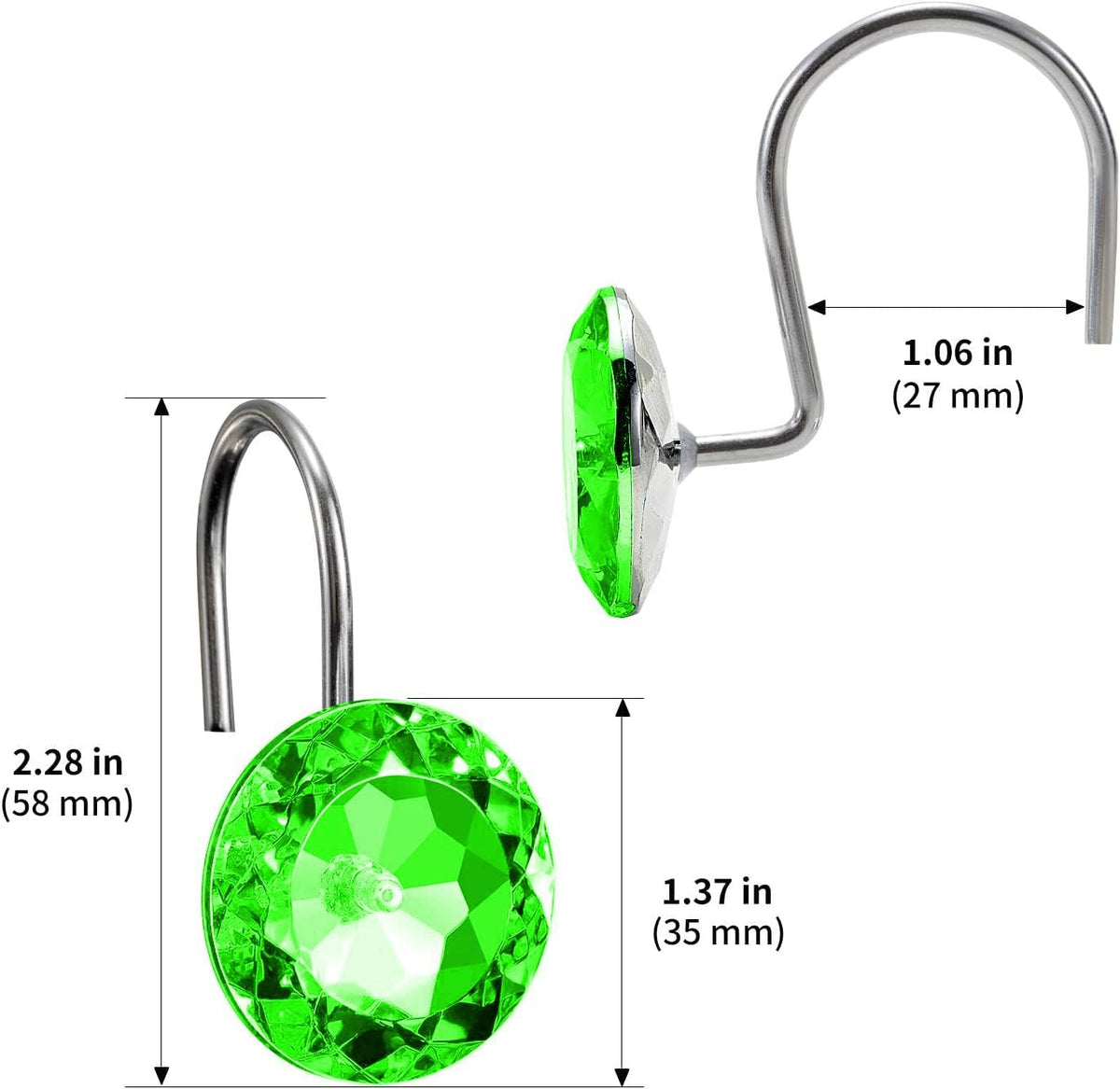 CHICTIE Green Shower Curtain Hooks Rings Diamond, Crystal Decorative Shower Curtain Hooks, Set of 12 Stainless Steel Rust-Proof Round Rhinestones Shower Rings Hangers for Bathroom
