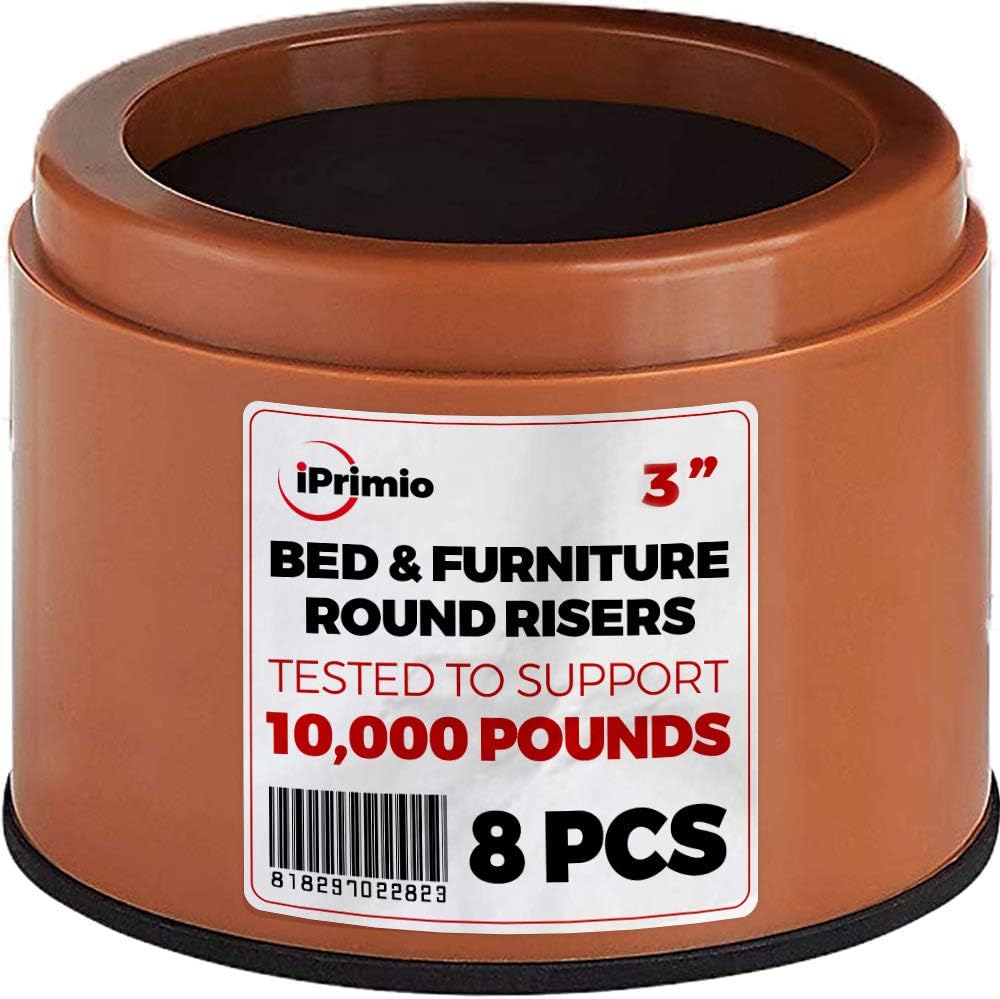iPrimio Bed Risers 3" Lift, Heavy Duty, Dorm Storage, Round, Brown, 8 Pack