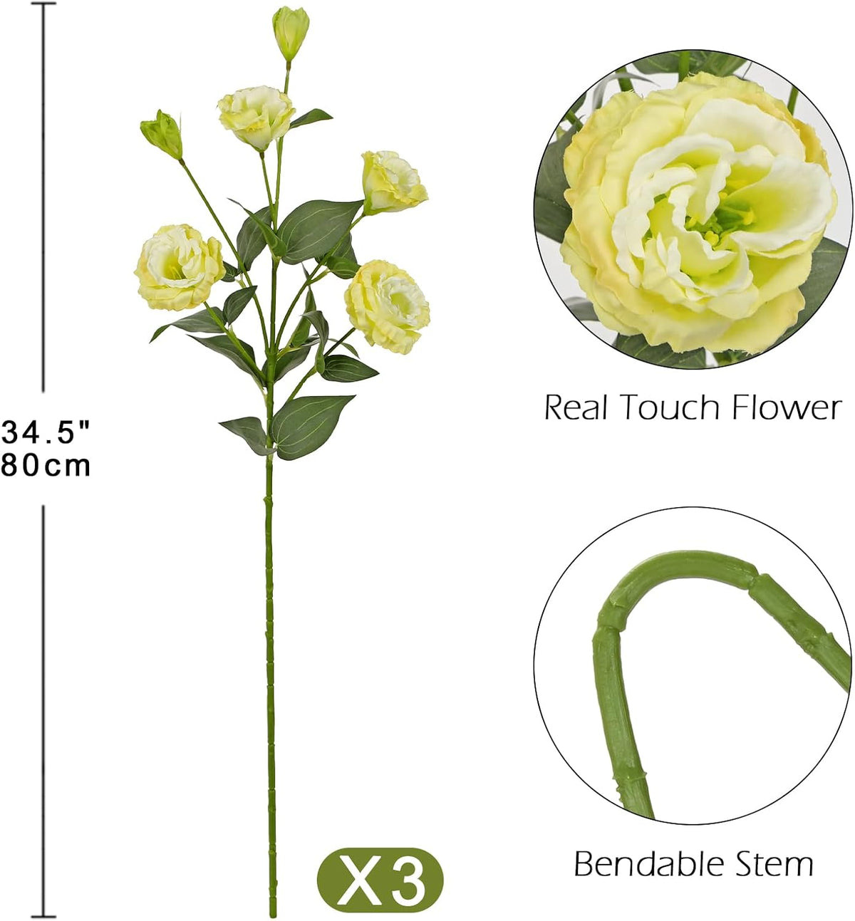 34.5" Cream White Artificial Flowers Silk Fake Flower 3Pcs Eustoma Lisianthus Flowers with Long Stem Faux Flowers Arrangement Branch with 4 Heads DIY Wedding Party Centerpiece Bouquet Table Home Decor