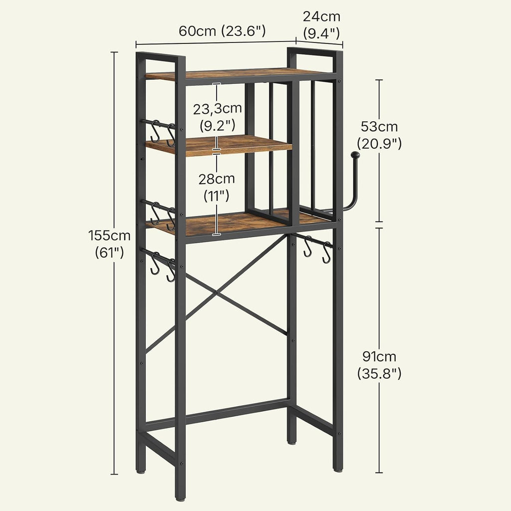 YATINEY Over The Toilet Storage Rack, 3-Tier Bathroom Organizer Shelf, Above Toilet Storage with Paper Holder 8 Hooks, Over The Toilet Storage Cabinet for Bathroom, Rustic Brown and Black TR06BR