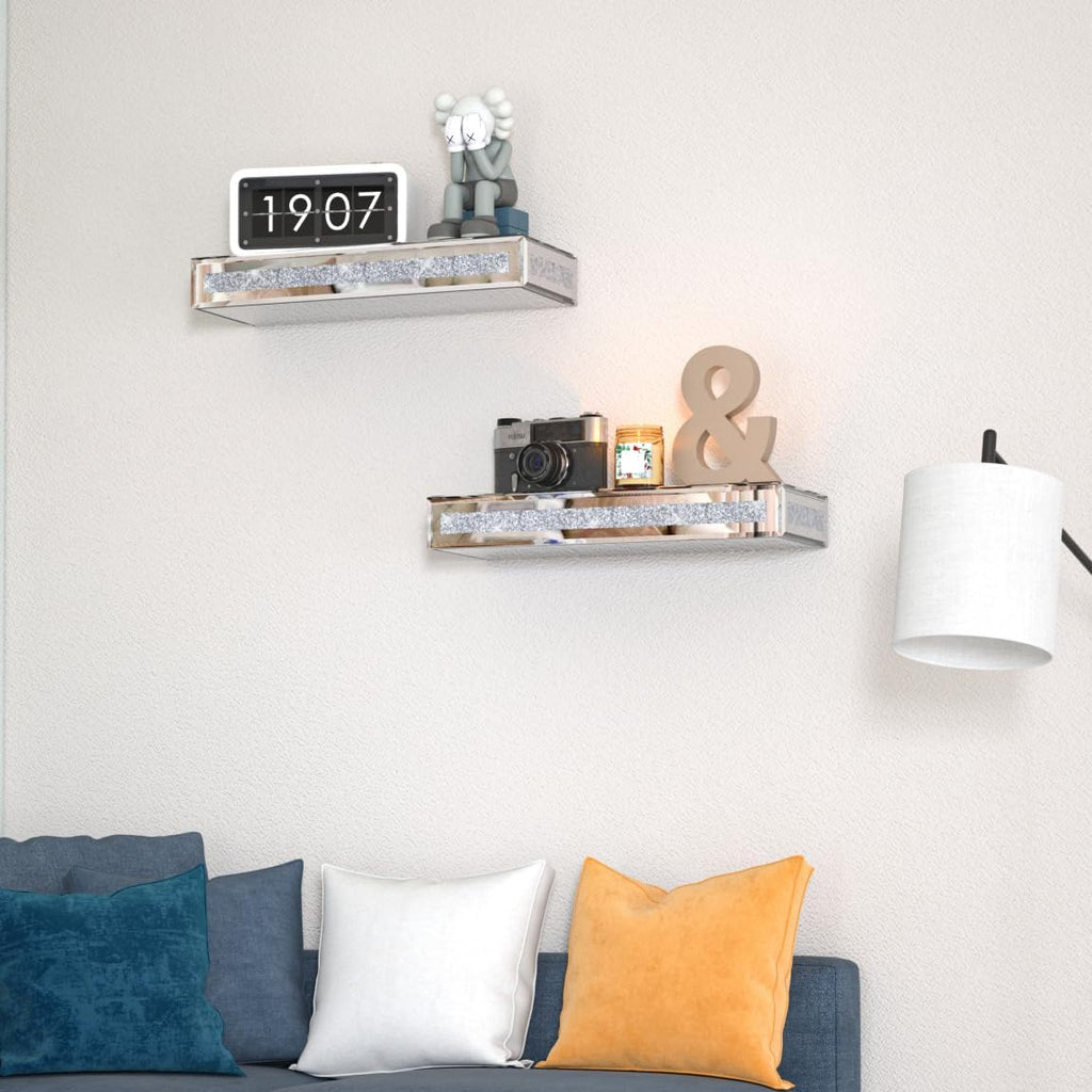 SHYFOY Mirrored Floating Shelves for Wall, Set of 2, Silver Glass Shelves
