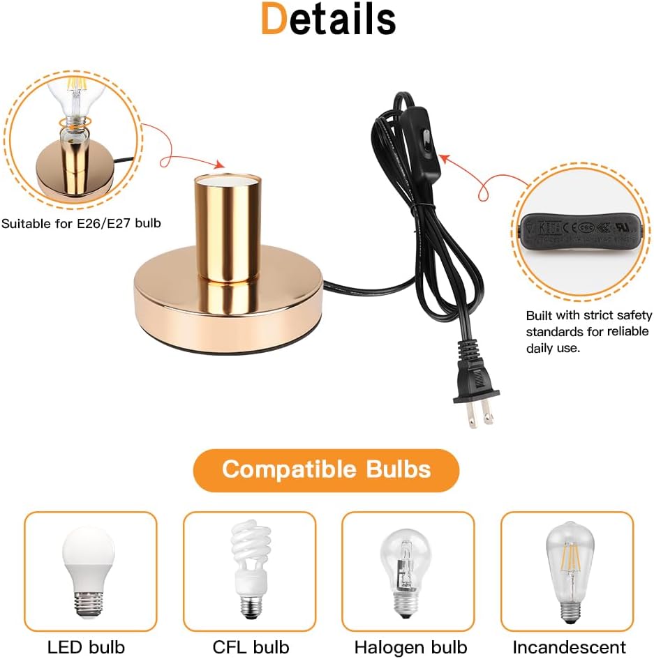 Helunsi Industrial Table Lamp Base, E26 E27 Gold Lamp Base Without Shade