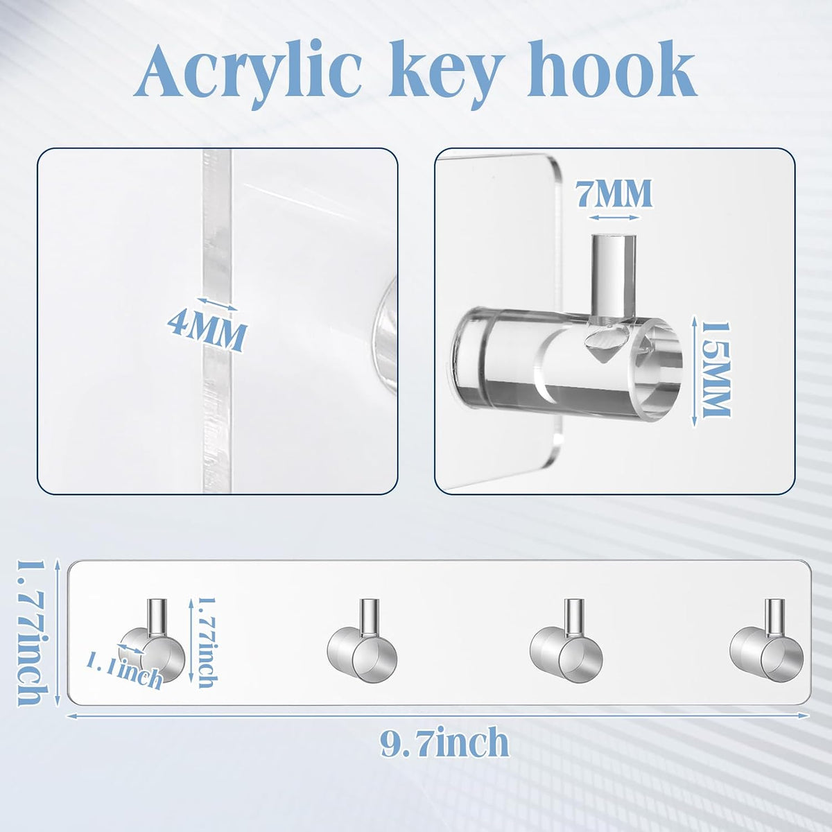 1 Pcs Adhesive Key Holder for Wall Acrylic with 4 Hooks, Transparent