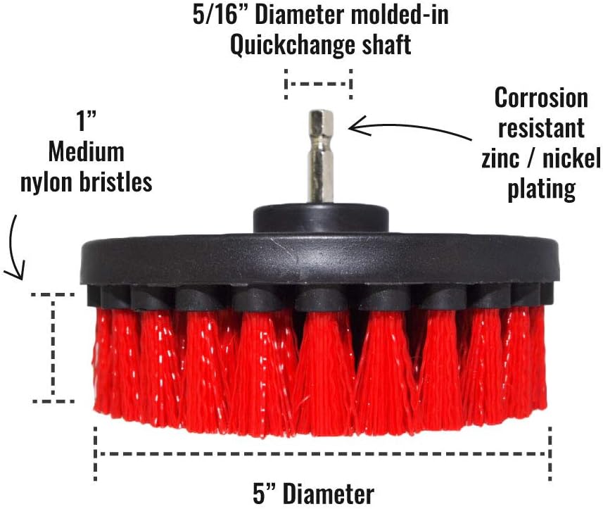Premium Drill Brush Professional – Stiff 5 in Red Set of 3 | Scratch-Free Outdoor Cleaning Brush for Patio Bricks, Decking, Garden Tools, Lawn Mowers, Bicycles, Pool Tiles and Boat Hulls