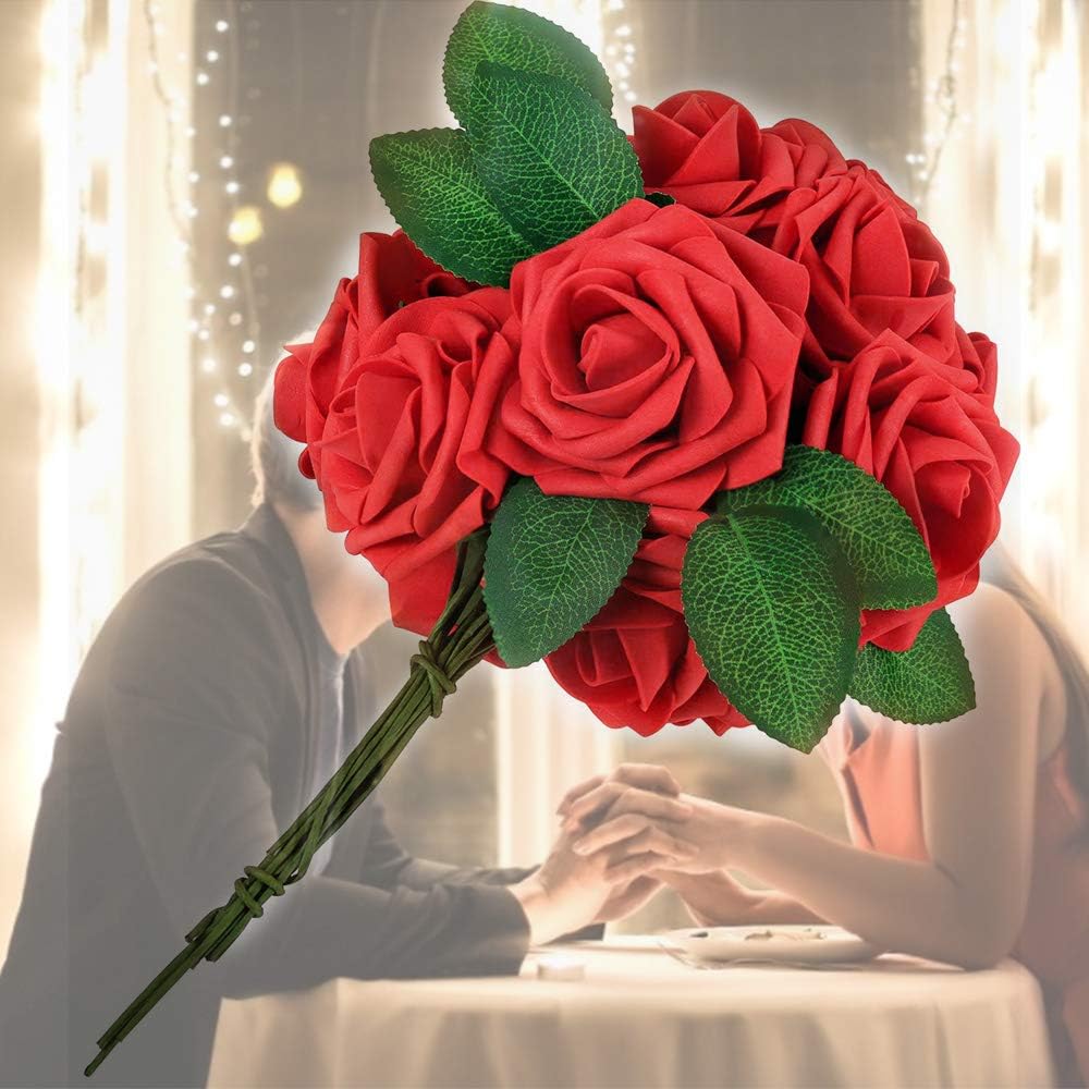 Higfra Artificial Flowers 25pcs Real Looking Fake Roses with Stems for DIY Wedding Bouquets Baby Shower Centerpieces Floral Arrangements Party Tables Home Decorations