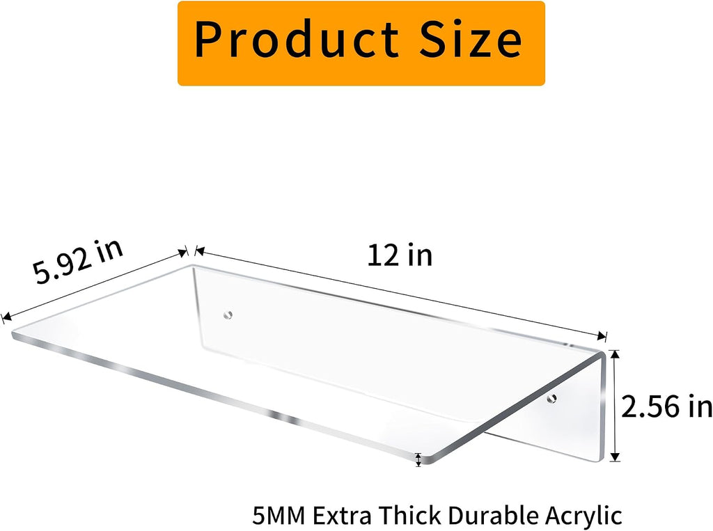Jansburg 12 Inch L-Shaped Acrylic Floating Shelf Clear Wall Mounted Shelves Invisible 5MM Thick Shelf for Wall Storage Clear Shelves for Makeup Photo Picture Book Record Display 3 Pack