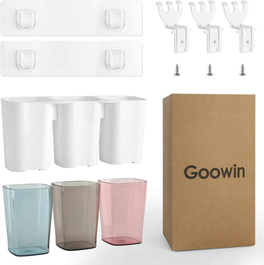 Goowin Toothbrush Holder for Bathroom, Eco-Friendly Mighty Large Capacity Toothbrush Holder Wall Mounted with 3 Square Cups for Family or Dormitory (Square Cup)