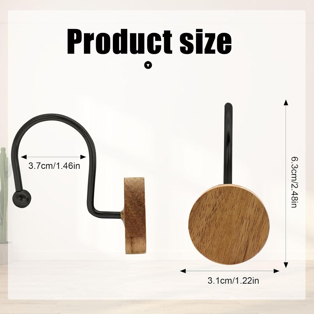 Shower Curtain Hooks, Wood Decorative Shower Curtain Rings, Modern Round Log Shower Curtain Hangers, 12PCS Metal Shower Hooks for Shower Curtain Rod, Bathroom, Bedroom, Living Room (Black)