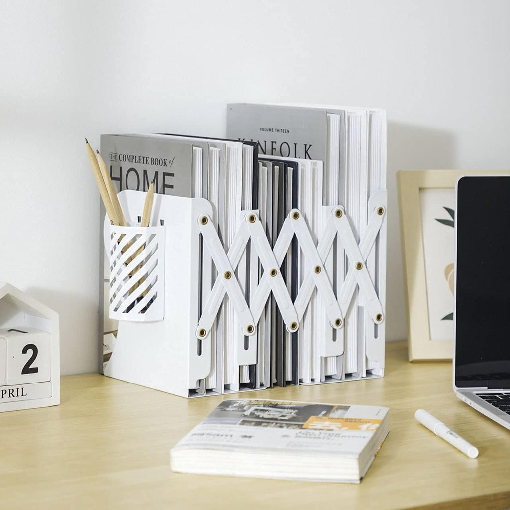 Adjustable Bookends Metal Book Ends for Heavy Book Holder Heavy Duty Bookends Nonskid Bookcase Desktop Book Organizer Binder Holder (White)