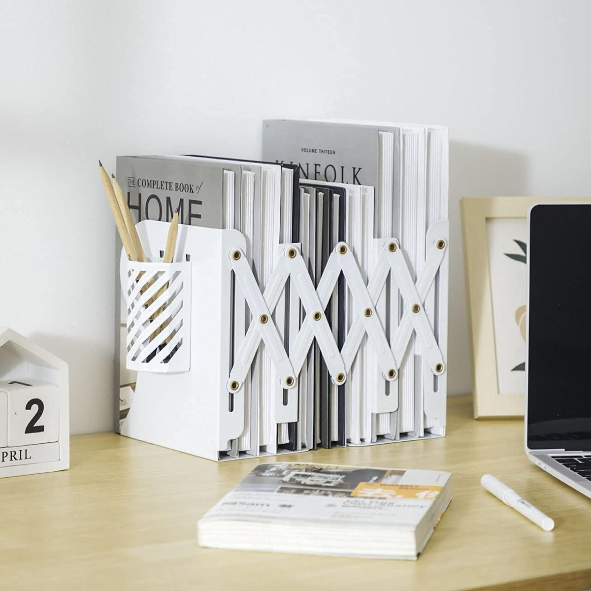 Adjustable Bookends Metal Book Ends for Heavy Book Holder Heavy Duty Bookends Nonskid Bookcase Desktop Book Organizer Binder Holder (White)