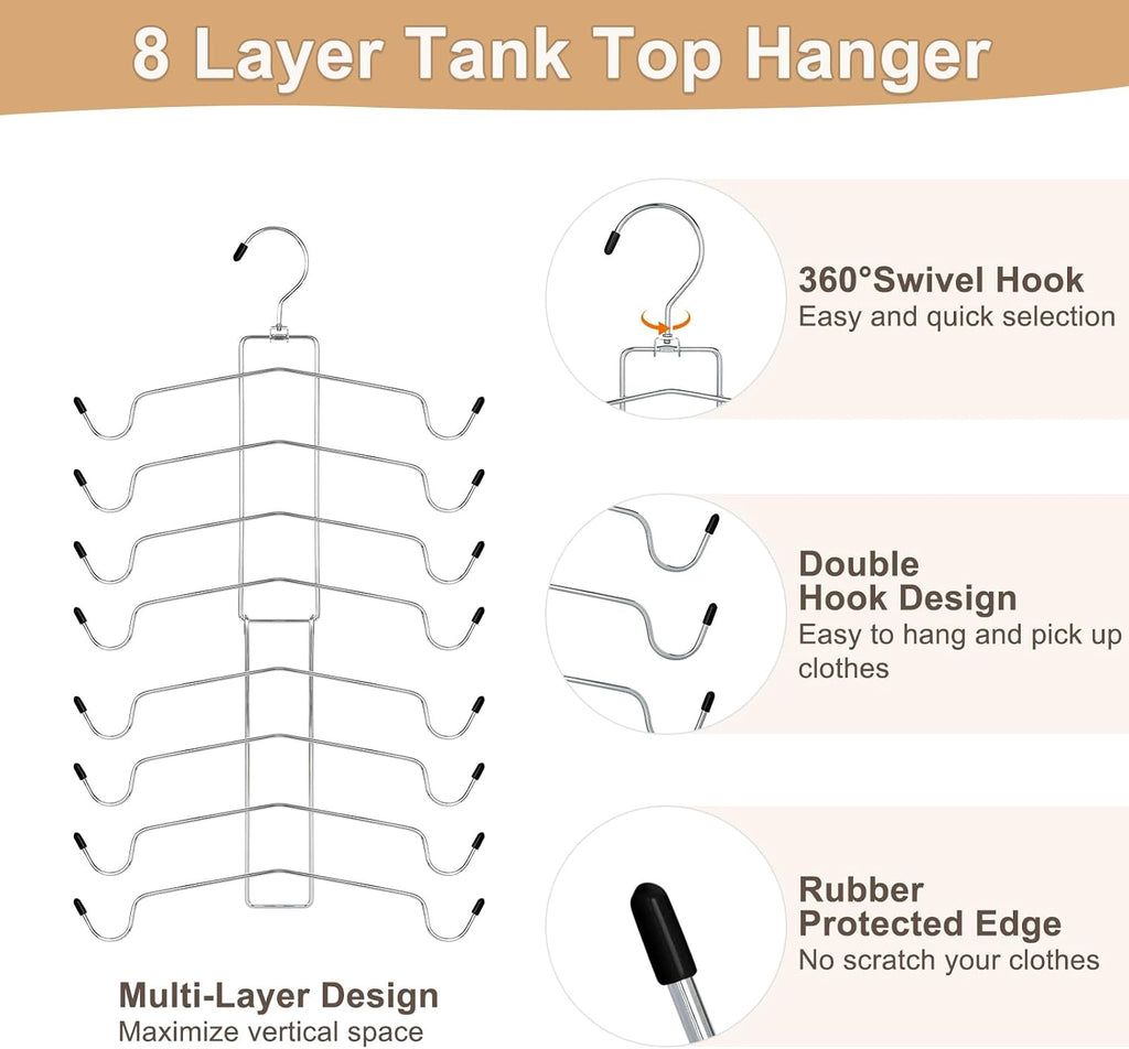 TOPIA HANGER 2 Pack Tank Top Hanger, 8 Layers Bra Hanger Space Saving, Sport Yoga Bras Holder, Closet Organizers and Storage for Camisoles Tank Tops Sports Yoga Bras Swimsuits, Silver CT79B