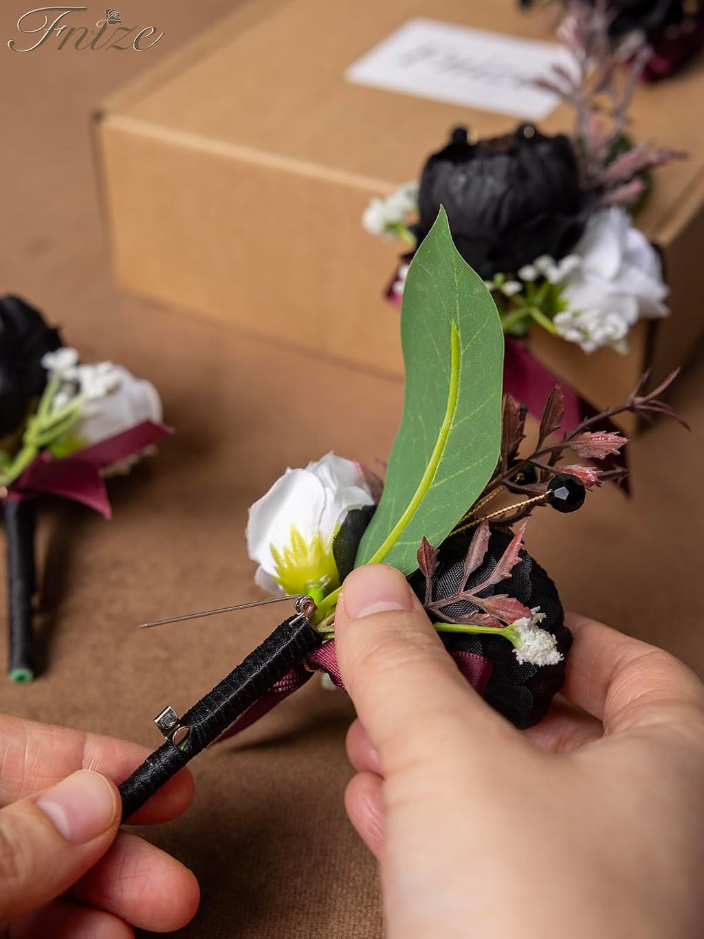 Fnize Boutonniere for Men Set of 6 Groom Groomsmen Wedding, Black & White