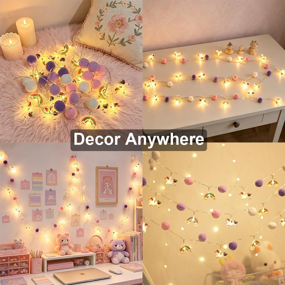 ChiRee Purple Pom Poms with Unicorn and Rainbow String Lights