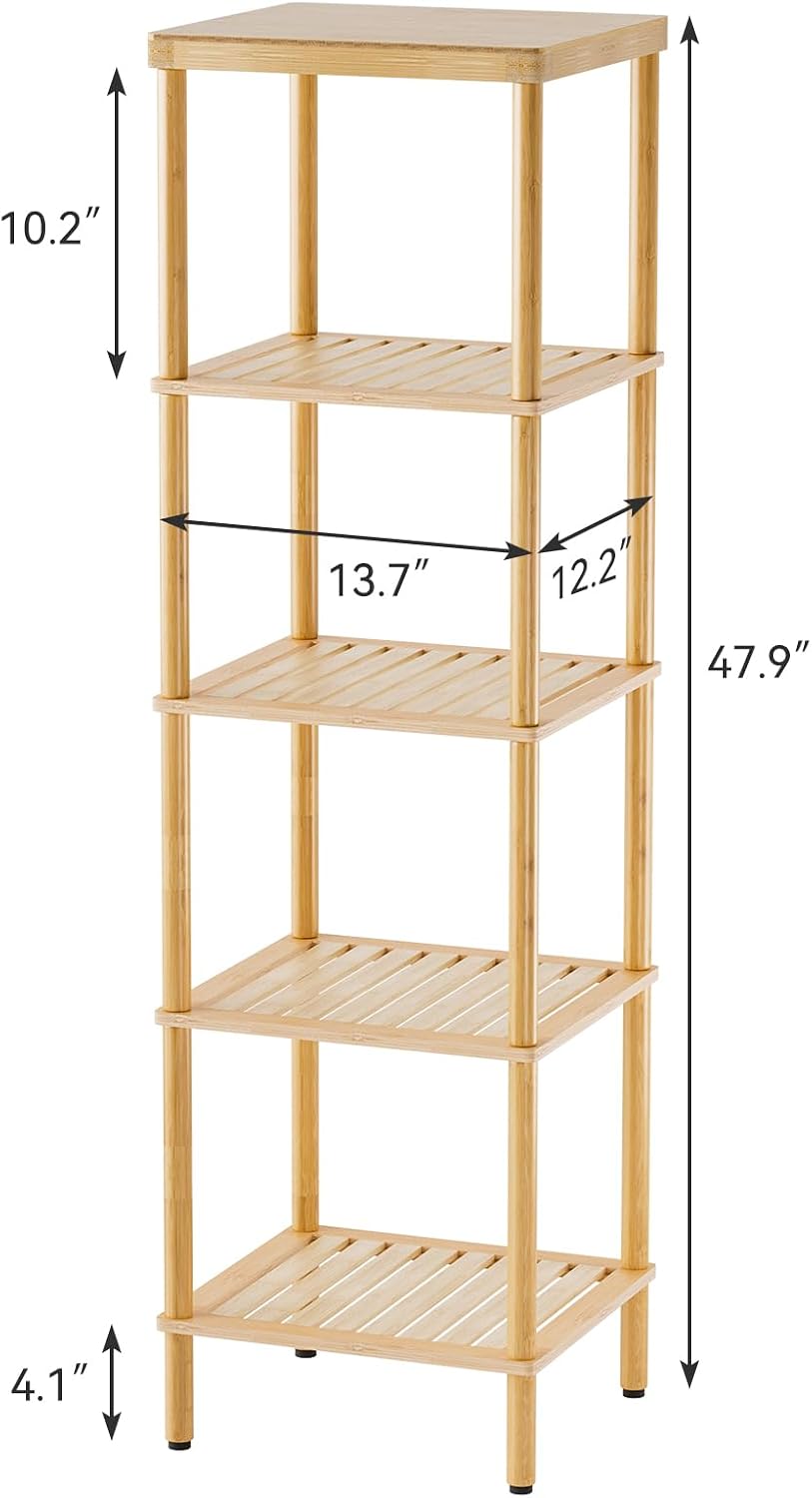 AmazerBath 5-Tier Bamboo Bathroom Shelf, Bathroom Standing Shelves, Multifunctional Shelving Unit for Living Room Bedroom Kitchen, Natural Color