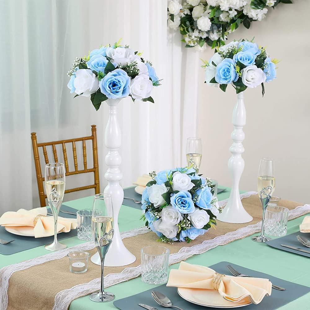 10Pcs Artificial Rose Balls for Centerpieces (Blue & White)