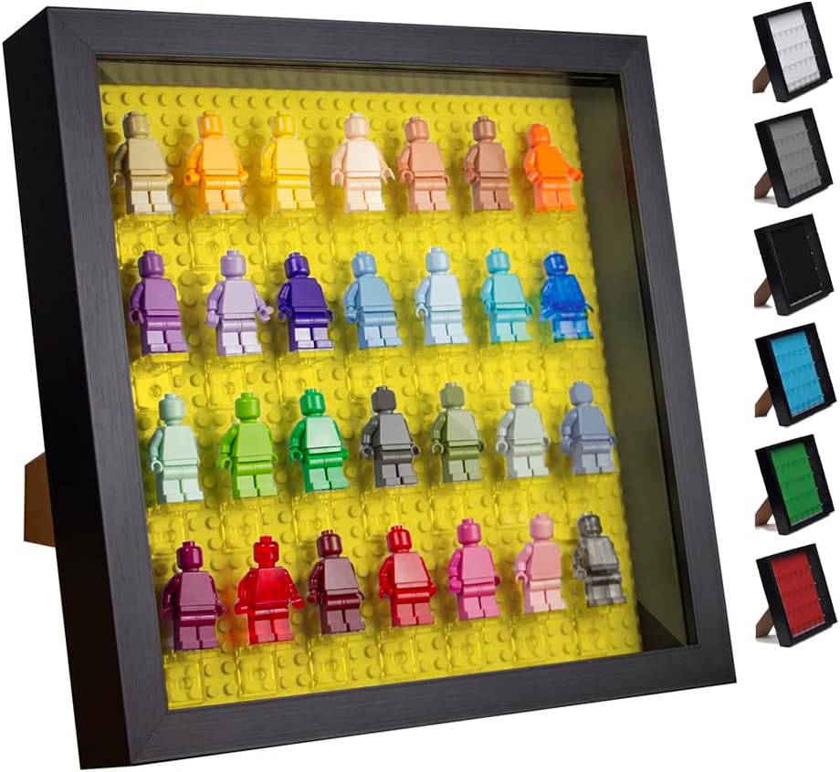 Tapeera Black Wooden Minifigure Display Case - Memorabilia Display Case for Figures - 11 x 11 Inch Shadow Box Frame - For Wall and Table Top With Dust Protection - Holds Up To 28 Figures (Yellow Base)