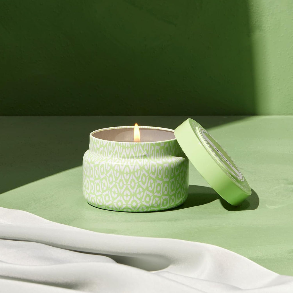 Capri Blue Volcano Scented Candles - Printed Travel Tin - Blended Soy Candles for Home Scented with Tropical Fruits & Sugared Citrus - Spring Home Decor (Iced Matcha Green Color, 8.5 oz)