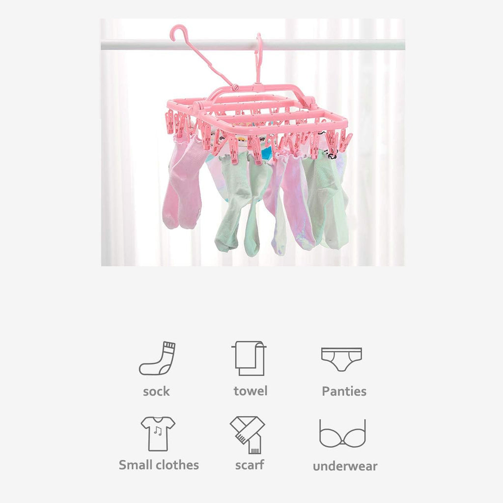 Clothespin Rack Foldable Laundry Drying Hanger,Laundry Hangers with 32 Clips,Clip Hanger Drip Hanger for Drying Underwear,Baby Clothes,Socks,Bras,Towel,Pants,Hat,Scarf,Cloth Diapers,Gloves (Pink)