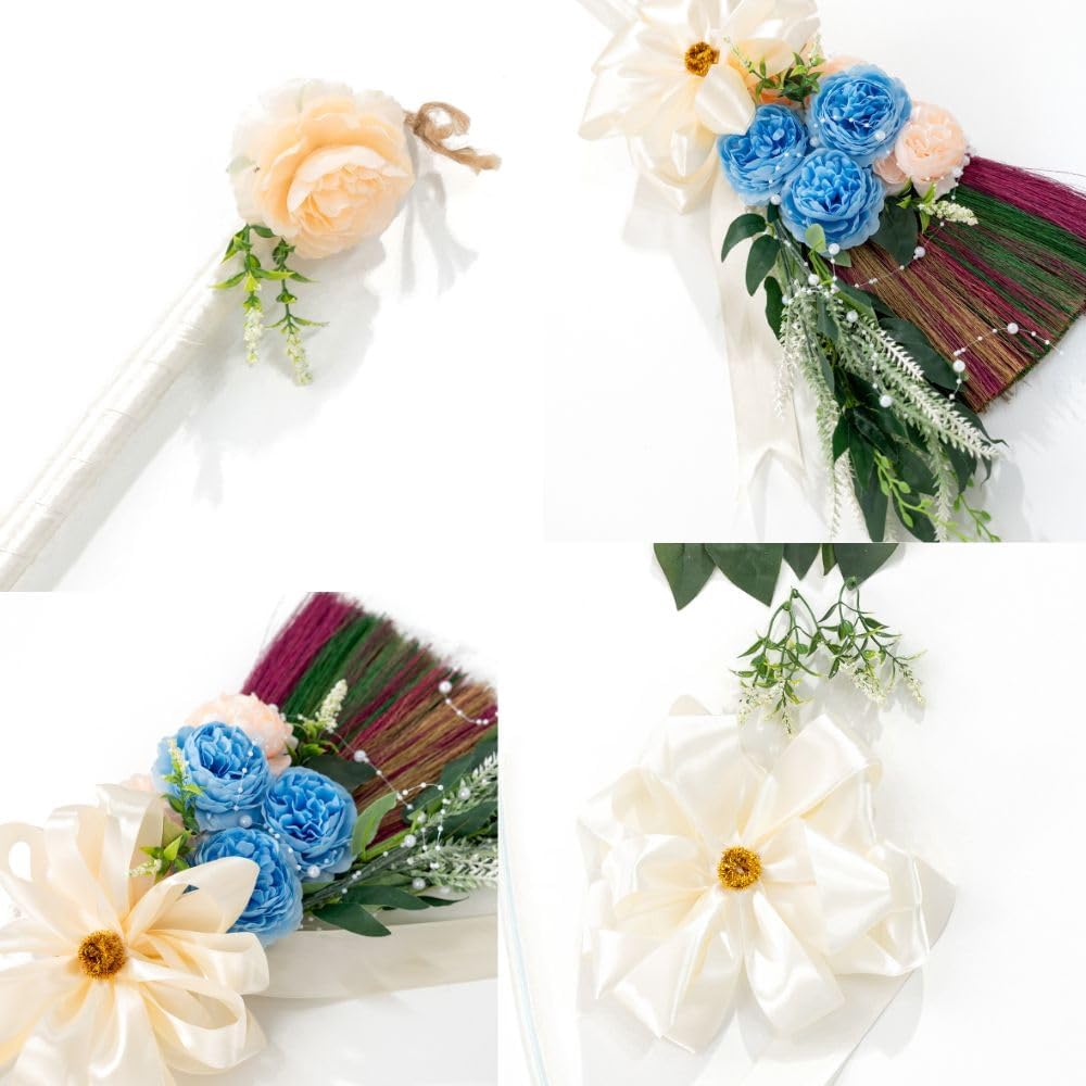 Elegant Wedding Brooms Bride Bridegroom, Jumping The Broom for Wedding, Natural Whisk Broom with Ribbons, Artificial Pearl, Leaves,Roses for Decorative
