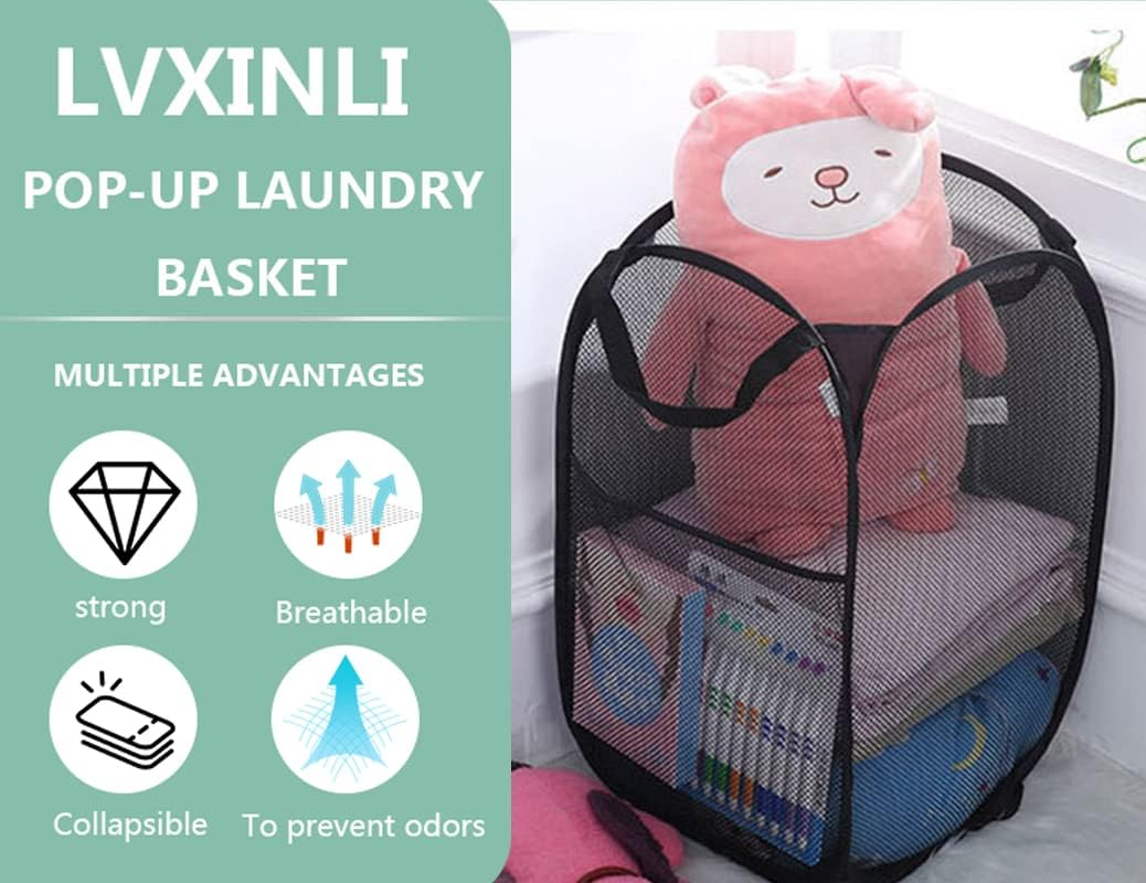 2 Pack Laundry Basket,Foldable Mesh Pop-up Laundry Hamper with Durable Handle,Easy to Open and Fold for Dorm, Laundry Room, Bedroom, RV (Black and blue)