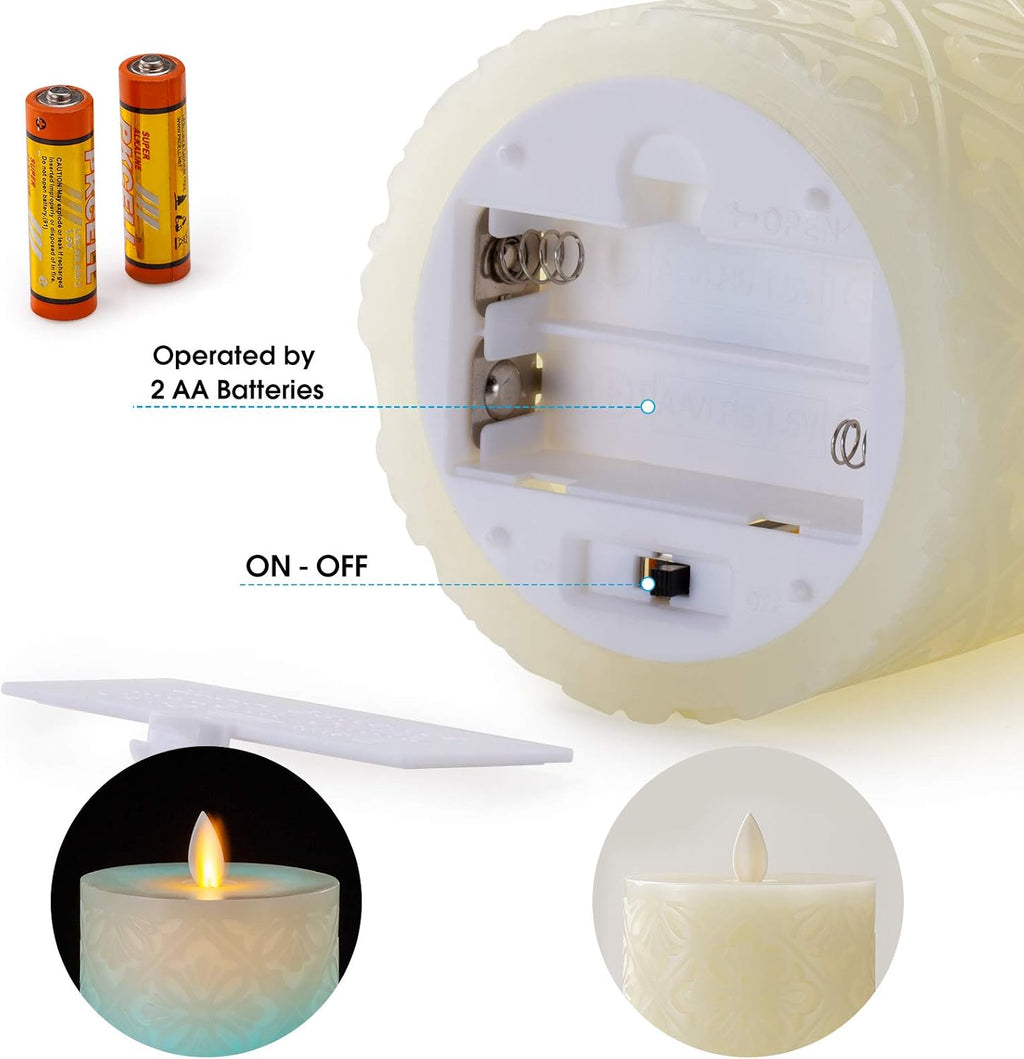 Flameless Candle, Real Wax LED Candle, Safety RGB Light, Run by 2 AA Batteries(not Included), Ivory Wax, D: 3.2'', H: 6.3'', Floral Pattern, Dancing Flame, Remote to Multi Color, 4H 8H Timer, Flicker