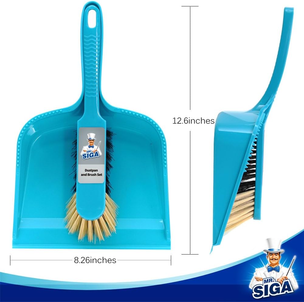 MR.SIGA Dustpan and Brush Set, Pack of 4 Set, Blue & Grey