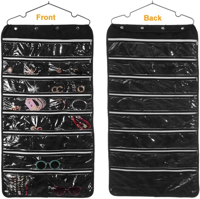56 Pockets Large Zippered Dual Sided Jewelry Hanging Organizer Necklace Earrings Bracelets Rings Accessories Storage Bag Wall Mounted Door Cabinet Hanger Holder Clear Pouch Display Foldable
