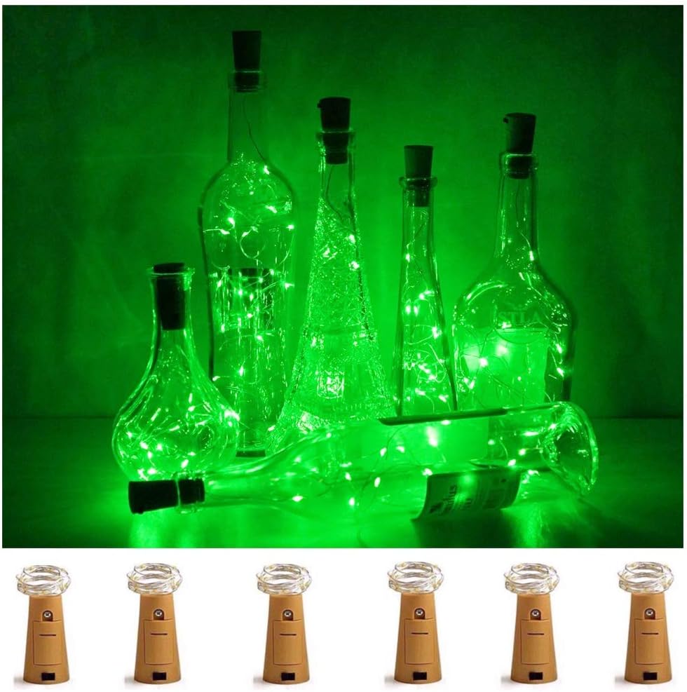 Wine Bottle Lights with Cork, 6 Pack Battery Operated 15 LED Cork Shape Silver Wire Colorful Fairy Mini String Lights for DIY, Party, Decor, Christmas, Halloween,Wedding (Green)