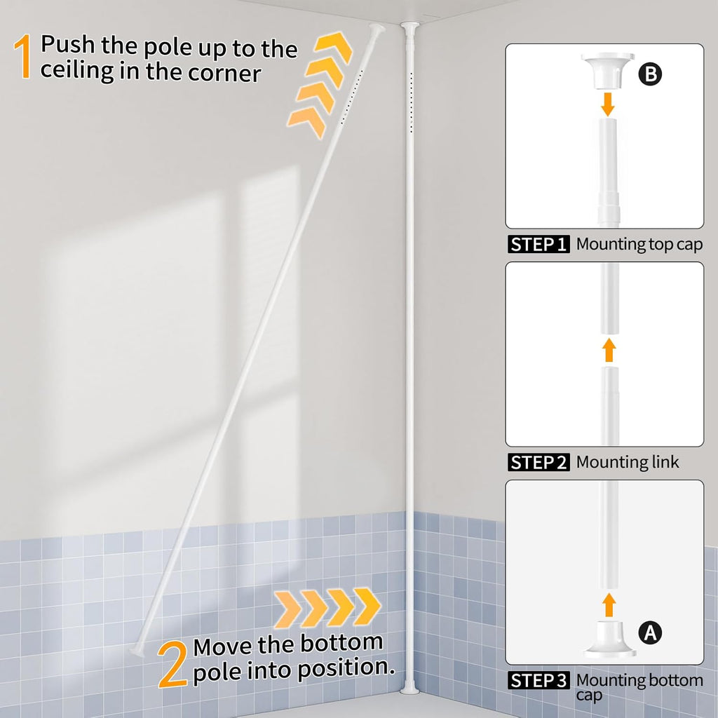 YCIA&DONE 360° Rotating Corner Shower Caddy Tension Pole, 4 Tiers Shower Organizer for Bathroom Shelf Bathtub, Adjustable Standing Shower Rack, Easily Assemble, 34-124 Inch Height, White