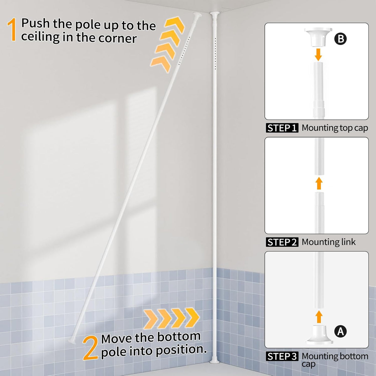YCIA&DONE 360° Rotating Corner Shower Caddy Tension Pole, 4 Tiers Shower Organizer for Bathroom Shelf Bathtub, Adjustable Standing Shower Rack, Easily Assemble, 34-124 Inch Height, White
