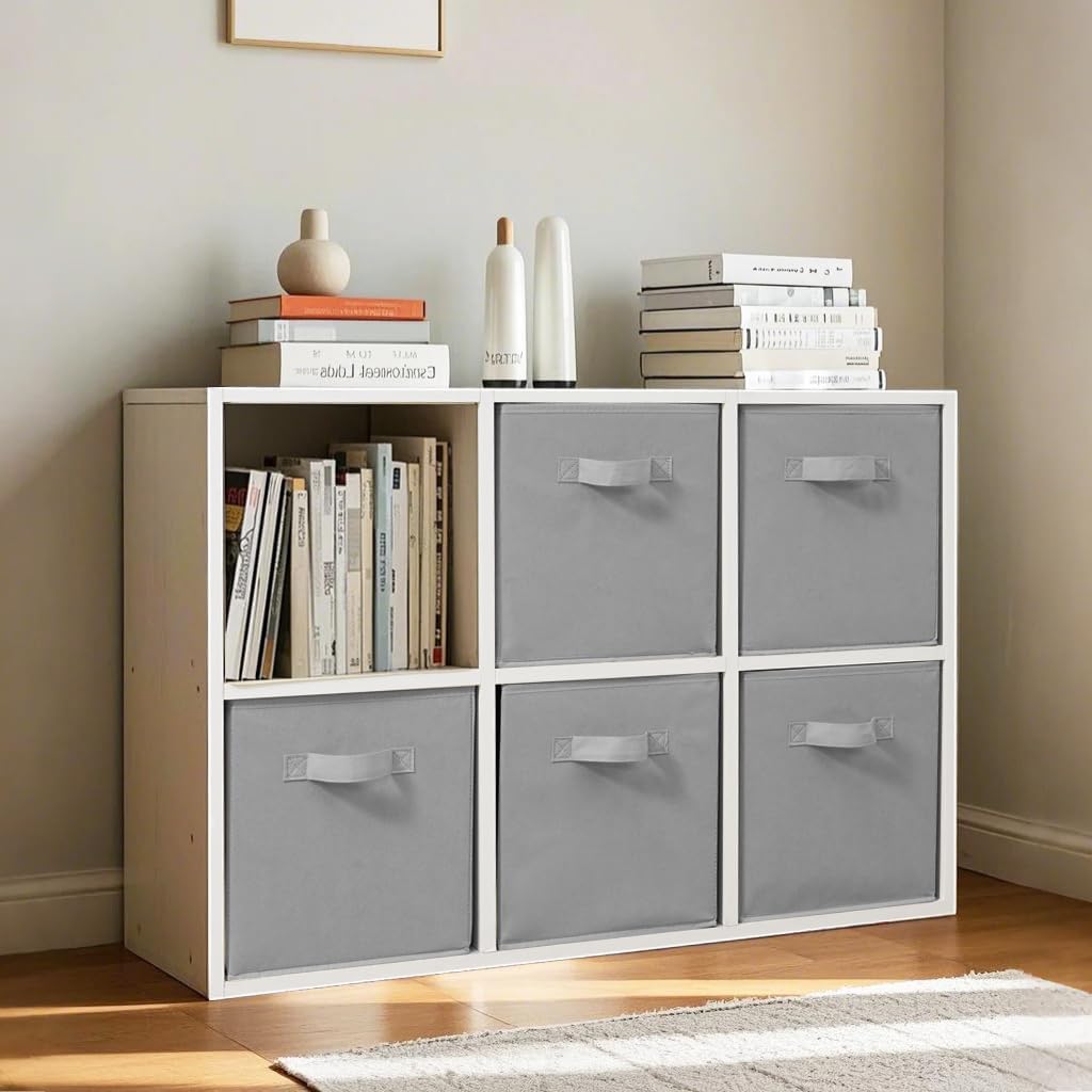 Easi 11 inch Cube Storage Bins, 12 Storage Cube Organizer, Collapsible Fabric storage cubes with Handles, Closet Storage Basket For Organization, Shelf Basket For Shelves Clothes Books, Gray