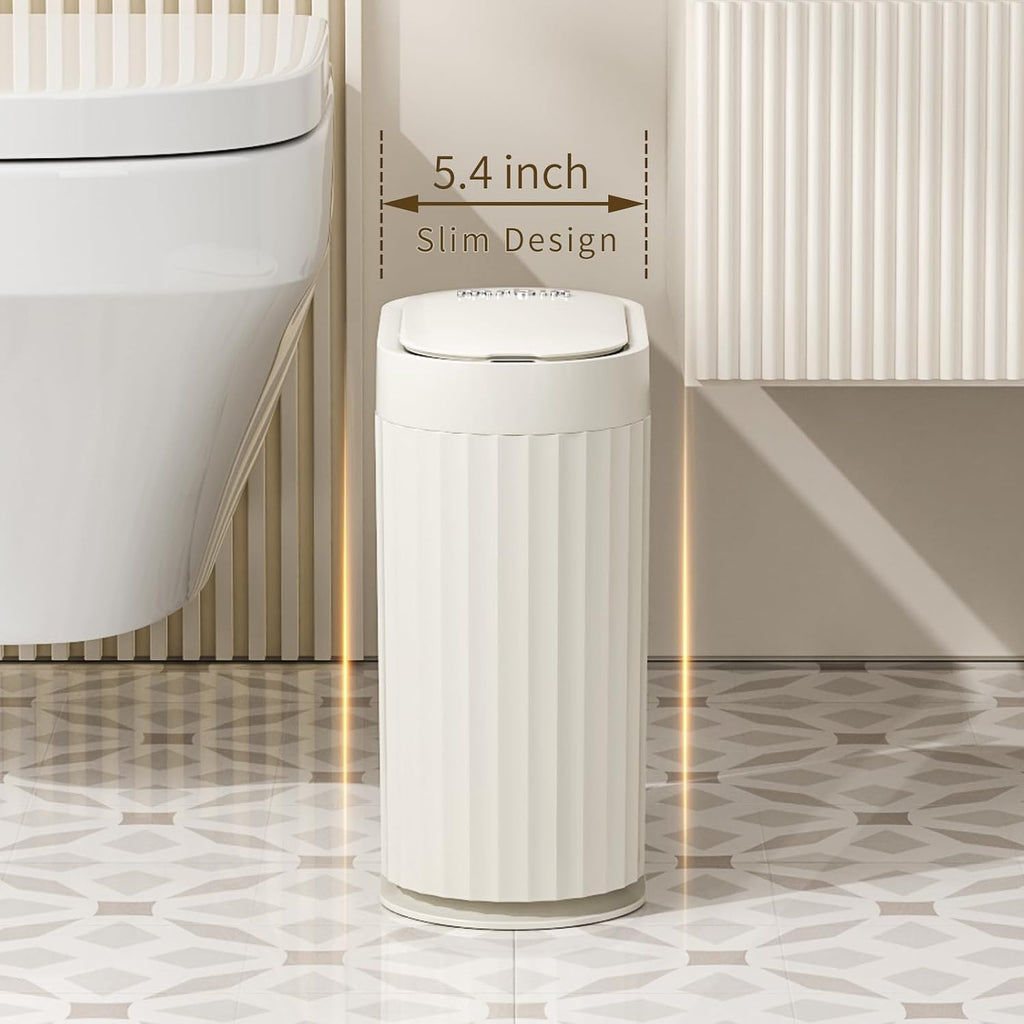 MRBIN Automatic Small Bathroom Trash Can with Lid, Bathroom Garbage Can 2 Gal Motion Sensor Trash Can, Slim Touchless Electric Waste Basket, Cream White