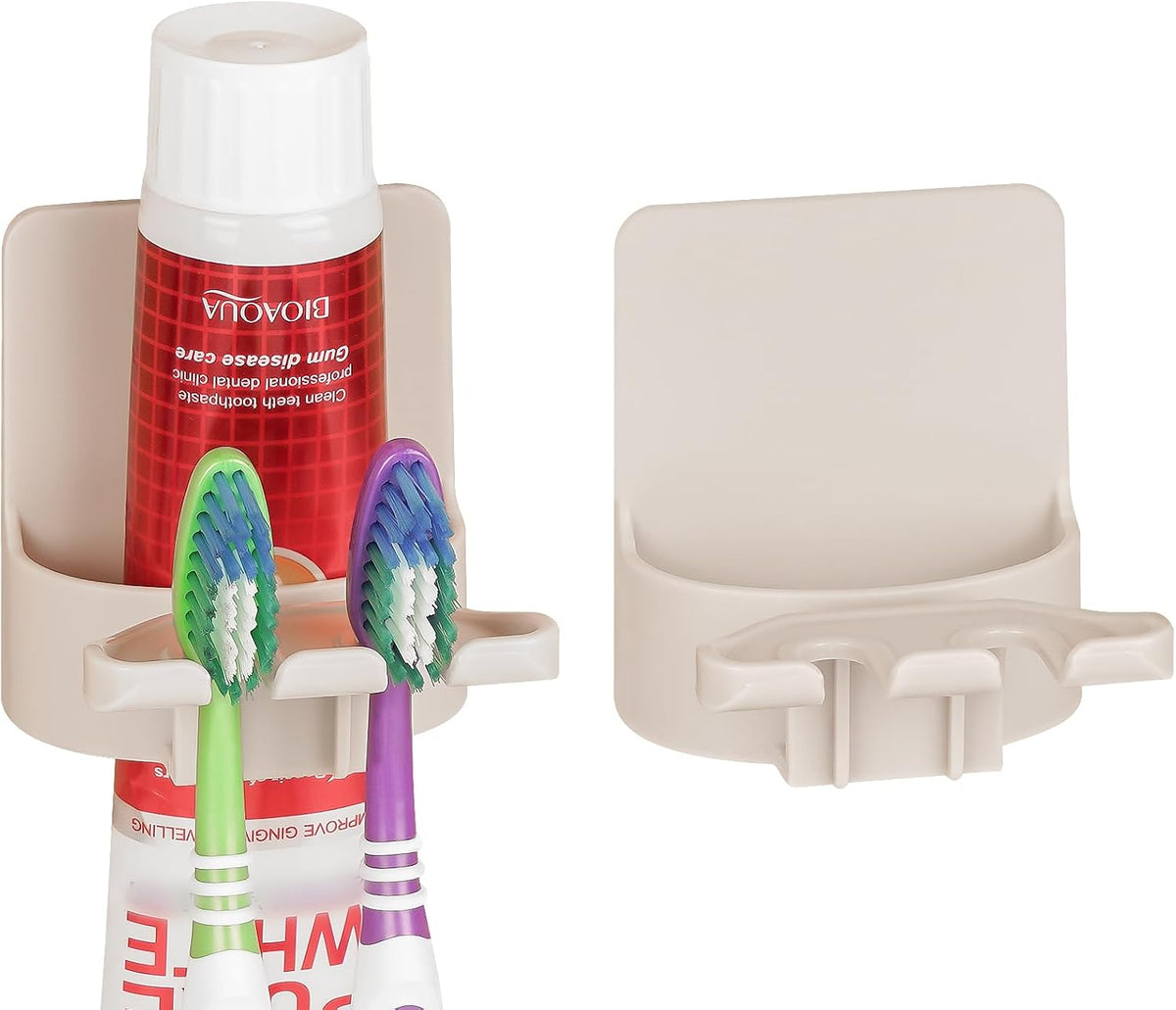 2 PCS Self-Adhesive Toothbrush Holders Wall Mounted, Water Proof Toothbrush Hook, 3 in 1 with Toothbrush Hanger Toothpaste Holder and Gargle Cup Holder for Bathroom Shower (Beige)