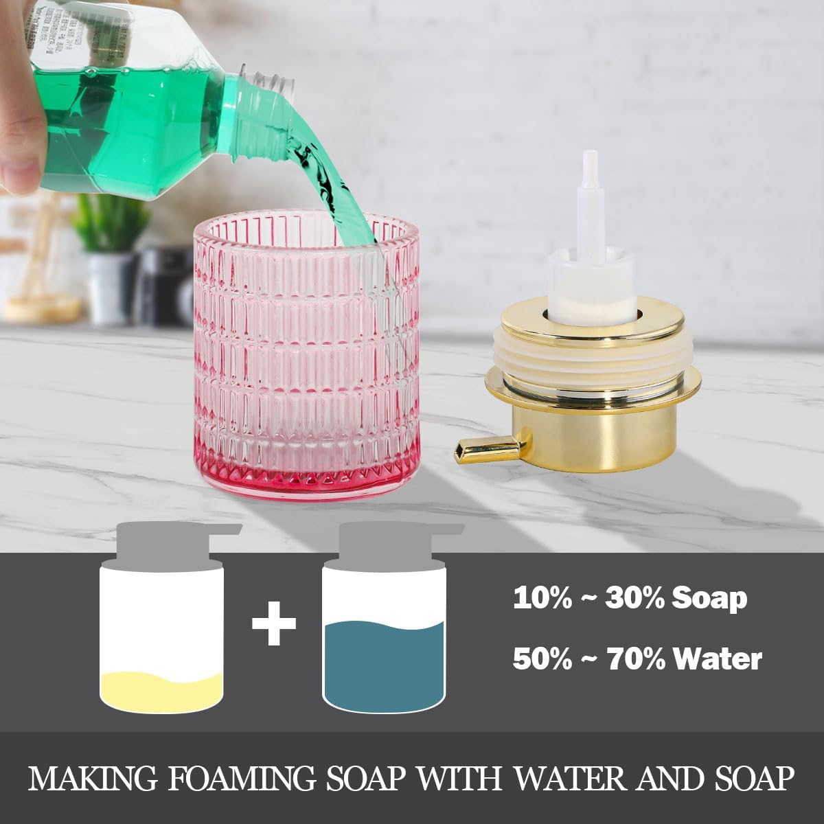 Foaming Soap Dispenser, Pink Glass Foam Soap Dispenser for Bathroom and Kitchen, 10 Oz Refillable Foaming Pump Bottle with Large Pump, Ribbed Bottle Container Decor