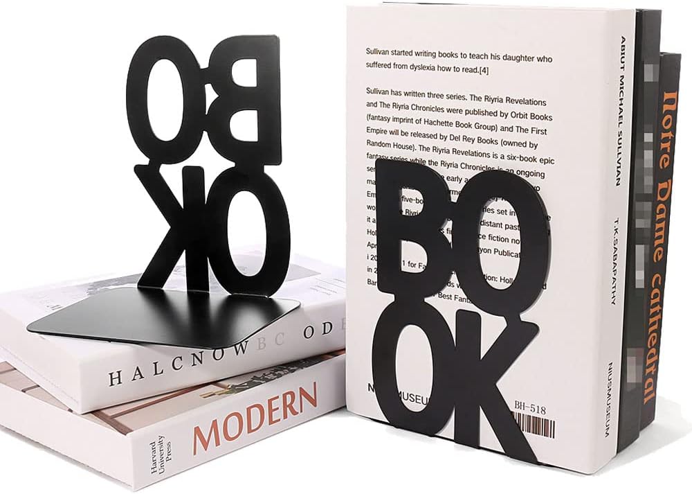 Decorative Book Ends, Metal Bookends Nonskid Heavy Duty Book Ends Shelves Office, Library Office Home,1 Pair (Black)