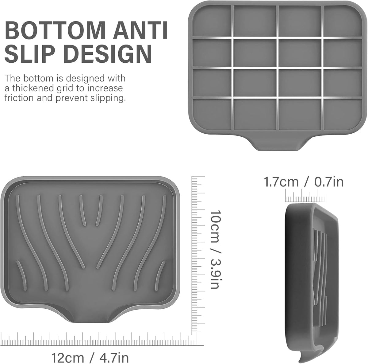 2PCS Self Draining Soap Holder,Spofit Silicone Soap Dish, Suitable for for Kitchen, Bathroom, Shower, Bath Tub,Soap Container (Grey)